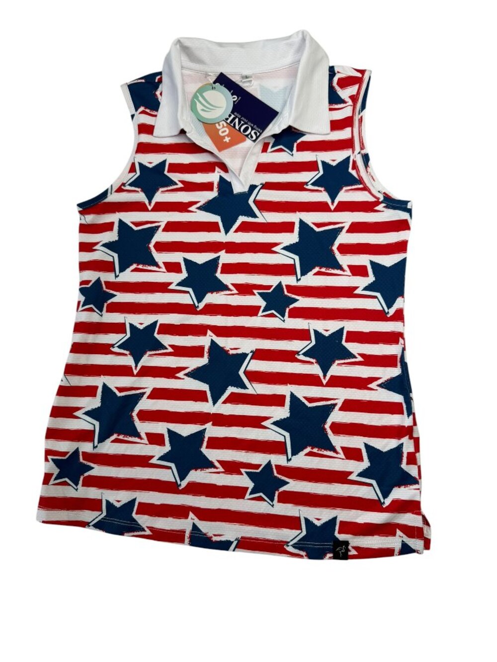 New NWT SONEVEN Golf Polo Shirt.  Red White Blue Patriotic USA.  Size Women's L